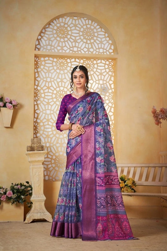 Traditional Colourful Pure Linen Digital Print Saree With Blouse11-VF