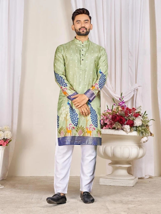Men's Full Stitched Dola Silk With Patola With Foil Print Kurta Pajama Set 16-SP