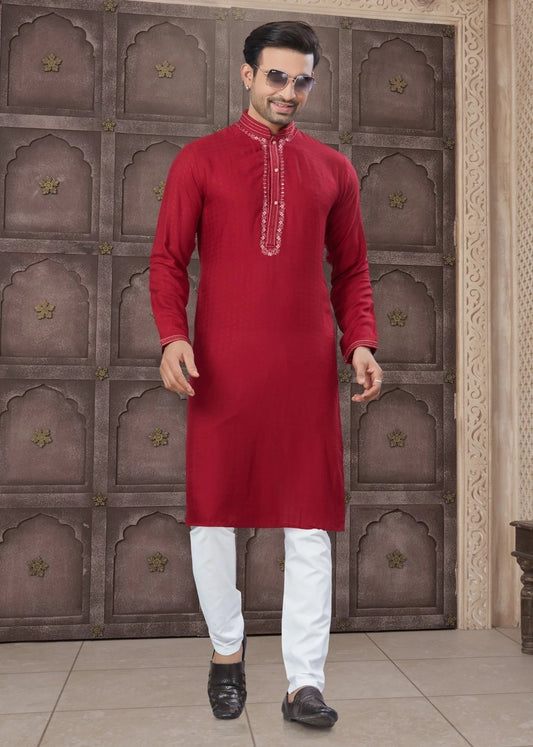 Pure Heavy Cotton With Embroidery & Pintex Work Kurta Pajama Set For Men's 16-MT