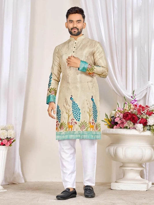 Men's Full Stitched Dola Silk With Patola With Foil Print Kurta Pajama Set 16-SP