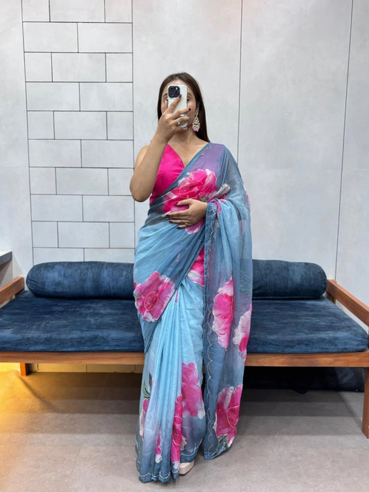 Rich And Cool Flower Print Soft Tabi Organza Look Saree With Blouse 11-VV