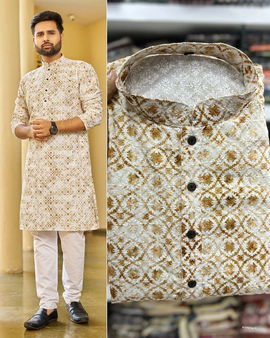 Heavy Rayon Schiffli Chikan Work Wedding Wear Printed Kurta Pajama Set 16-IN