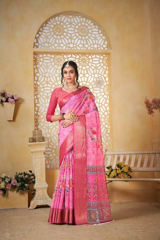 Traditional Colourful Pure Linen Digital Print Saree With Blouse11-VF