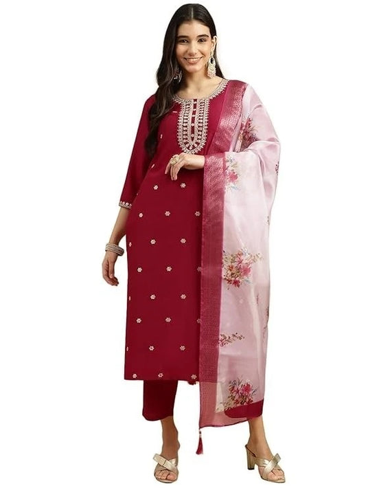 Roman Silk Traditional Maroon Embroidered Wedding Wear Top Bottom& Dupatta 12-VC