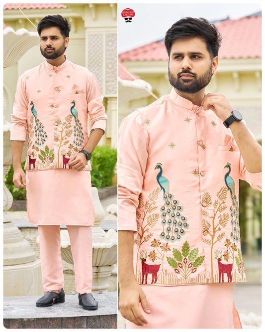 Malai Satin Ready to Wear Kurta Koti Pyjama Set Men's 16-IN