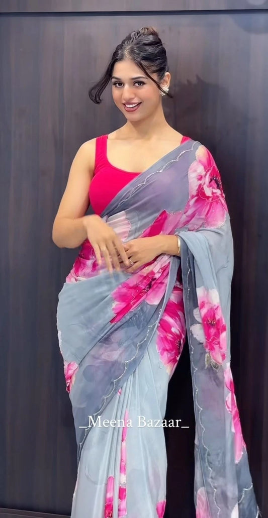 Rich And Cool Flower Print Soft Tabi Organza Look Saree With Blouse 11-VV