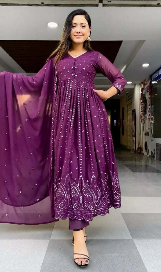 Faux Georgette Embroidery Sequence Work Salwar Kameez With Dupatta