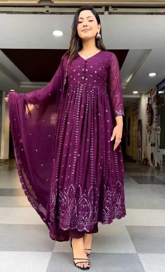 Faux Georgette Embroidery Sequence Work Salwar Kameez With Dupatta