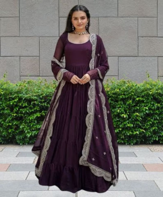 Full Stitched Georgette Long Anarkali Gown Dresses With Dupatta
