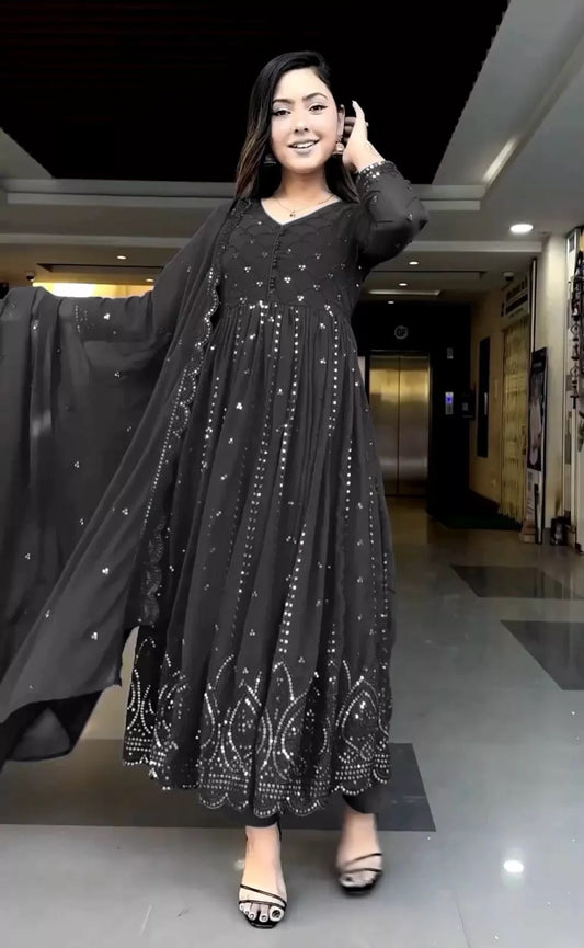 Black Faux Georgette With Embroidery Sequence Work Salwar Kameez Dupatta