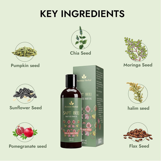 Avimee Herbal Sapt Beej Hair Oil 7 Oils In One Non Sticky & Non Greasy Hair Oil Stronger Hair, Nourished Scalp With Goodness of 7 Seeds 100ml