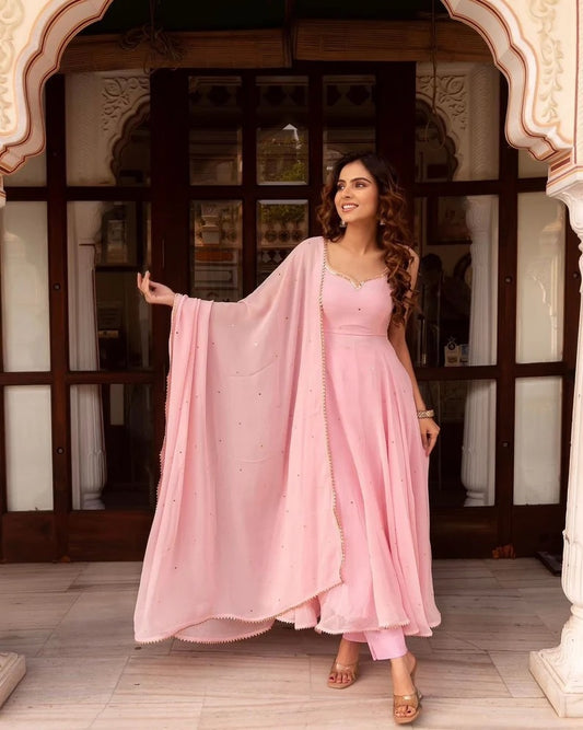 Peach Georgette & Sequence Work Gown Dresses With Duppta