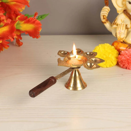Brass Panch Aarti Diya with Wooden Handle Aarti Holder