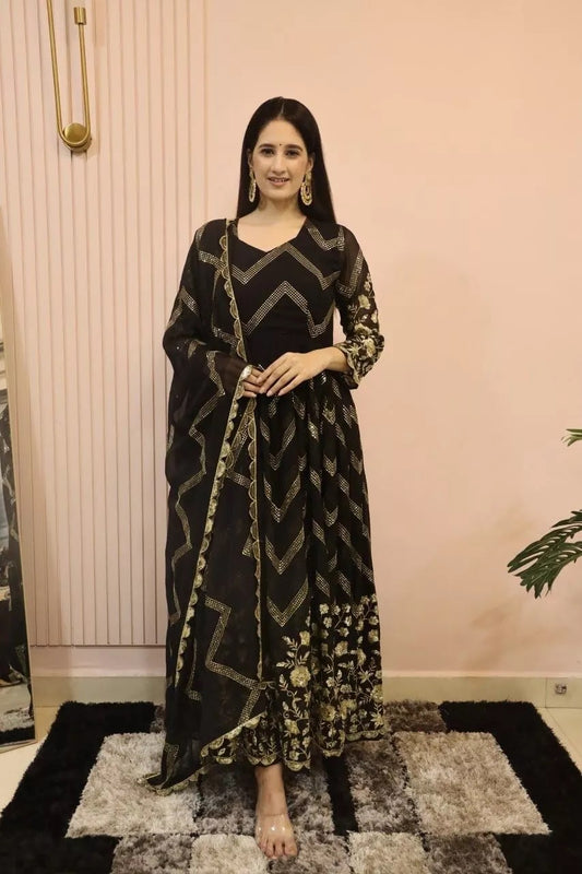 Fox Georgette With Embroidery Work With Full Sleeve Gown Bottom Dupatta