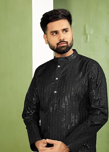 Black Banglori Silk Embroidery sequence work Men's Kurta Pajama