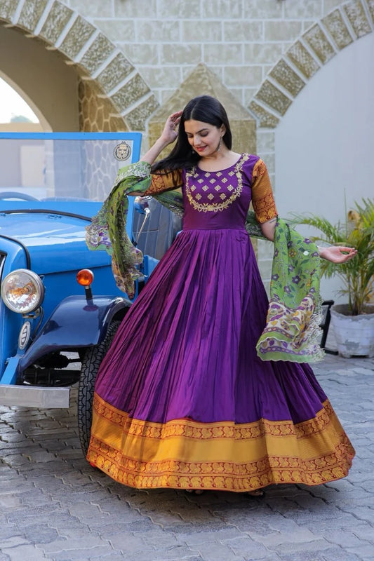 Silk With Jacquard weaving & Embroidered Work Anarkali Gown Kurti With Dupatta