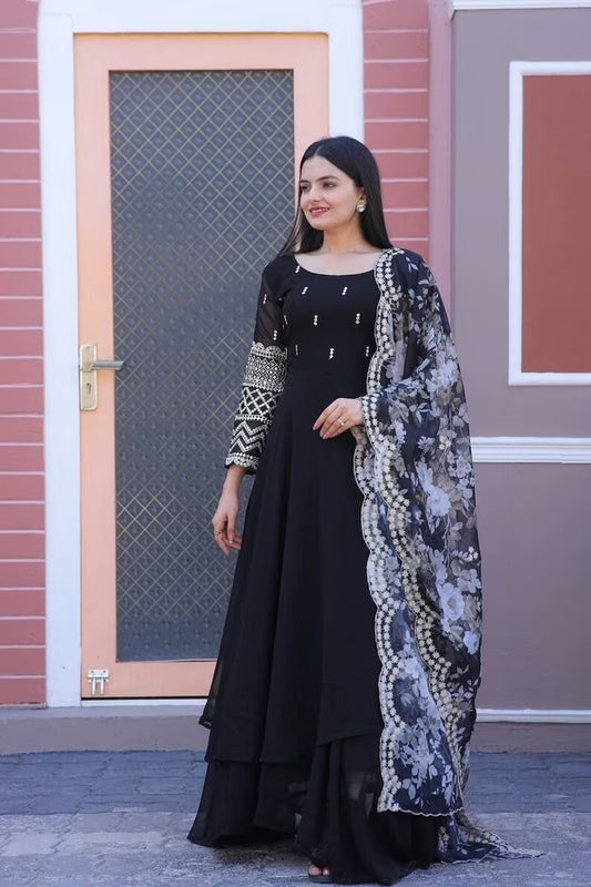 Faux Blooming With Sequence Multi & Zari Embroidery Work Anarkali Gown Dupatta