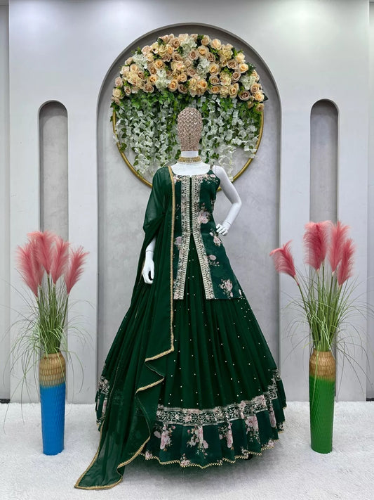 Green Faux Georgette Sequence Work Lehenga Top With Dupatta