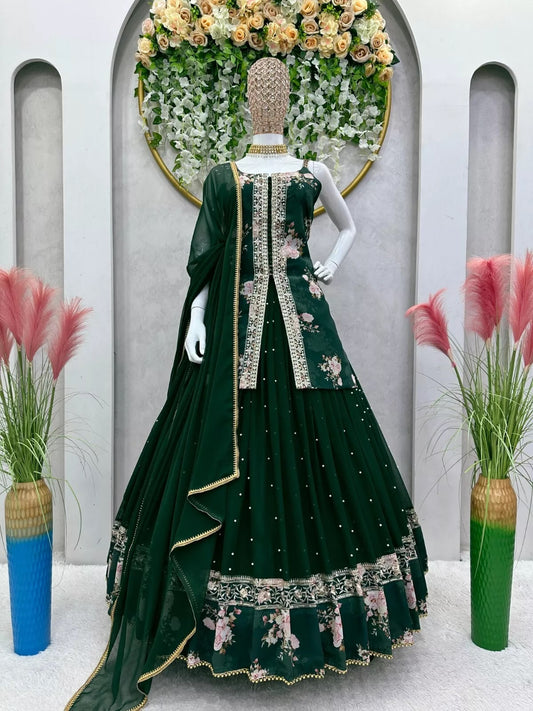 Green Faux Georgette Sequence Work Lehenga Top With Dupatta