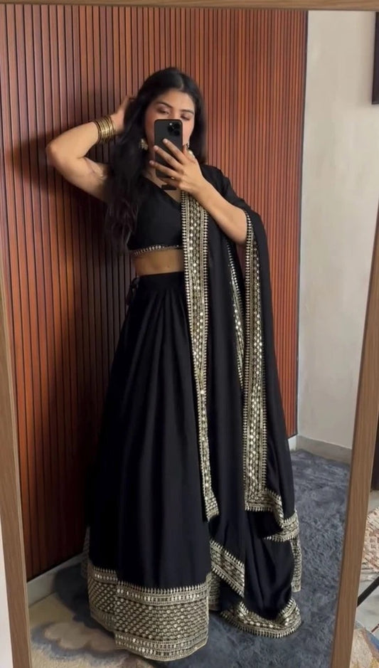 Black American Silk Lehenga Blouse & Dupatta For Women's