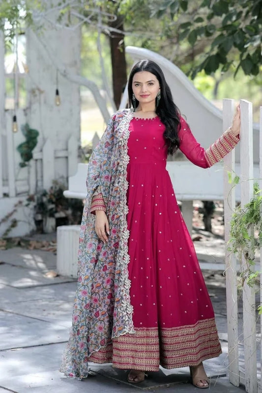 Faux Blooming With Embroidery Zari Sequence Work Long Top Dresses With Dupatta