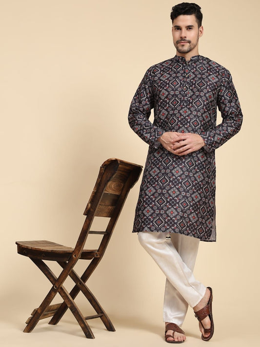 Men's Full Stitched Cotton With Beautiful Print Work Kurta Pajama Set