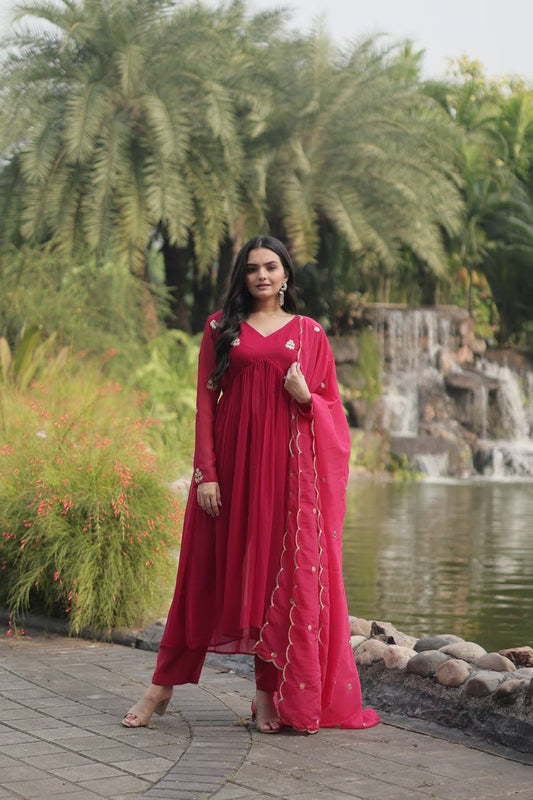 Faux Blooming Embroidery Work Top Bottom & Dupatta
