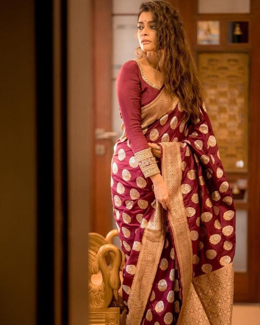 Maroon Soft Lichi Silk Saree With Unstitched Blouse