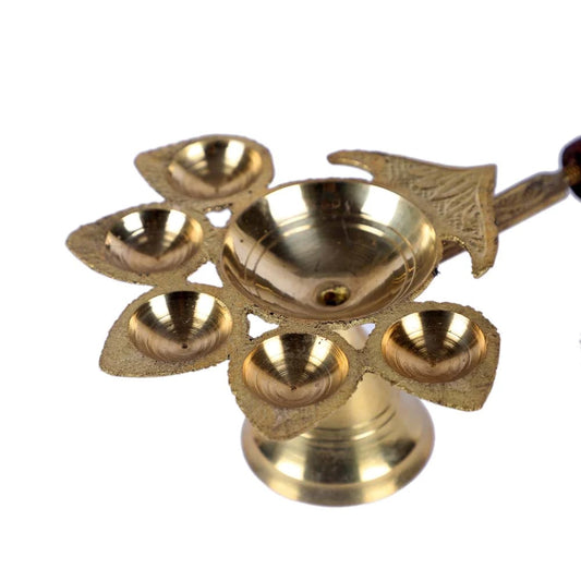 Brass Panch Aarti Diya with Wooden Handle Aarti Holder