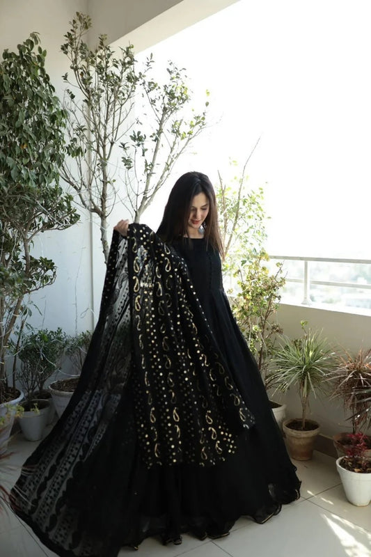 Black Faux Georgette Anarkali Gown Dresses With Dupatta