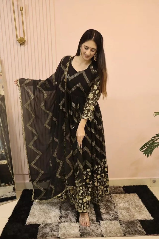 Fox Georgette With Embroidery Work With Full Sleeve Gown Bottom Dupatta