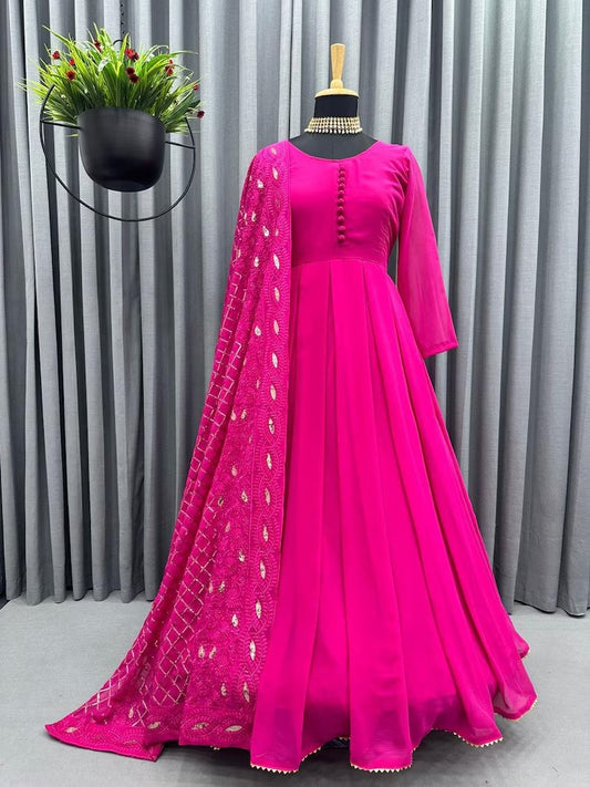 Georgette & Embroidery Sequence Work Gown Dresses With Dupatta