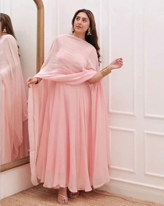 Peach Georgette & Sequence Work Gown Dresses With Duppta