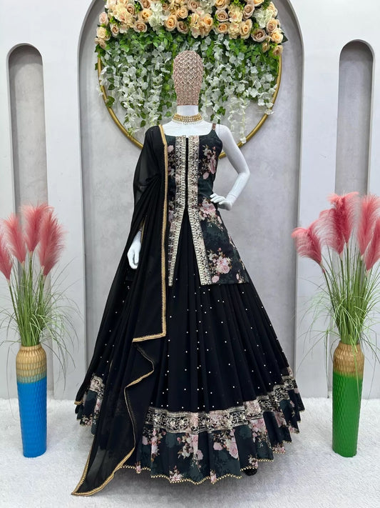Black Faux Georgette Sequence Work Lehenga Top With Dupatta