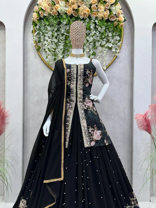 Black Faux Georgette Sequence Work Lehenga Top With Dupatta