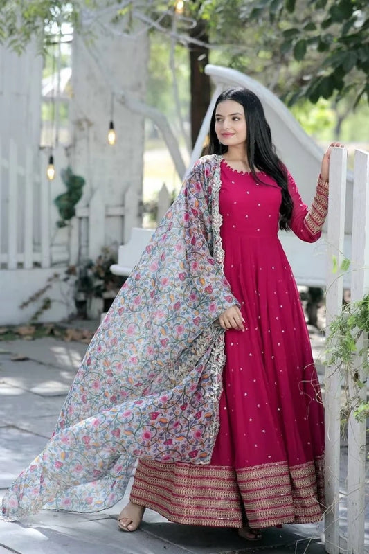 Faux Blooming With Embroidery Zari Sequence Work Long Top Dresses With Dupatta