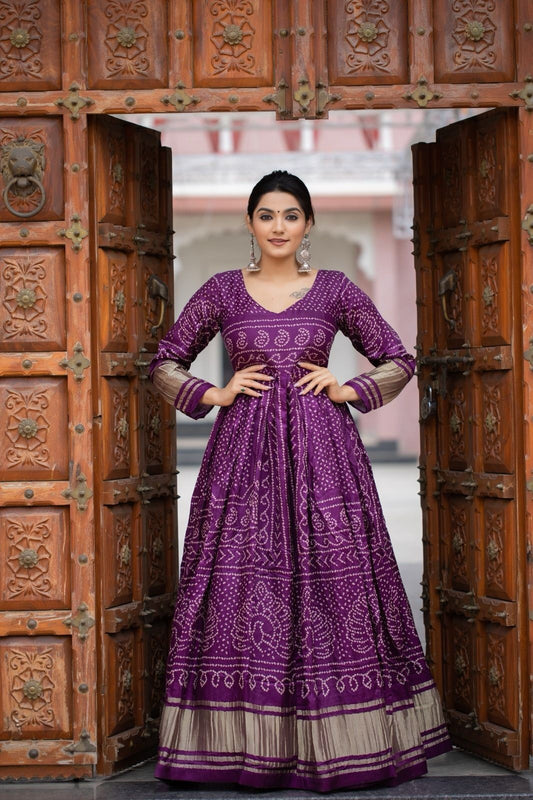 Gaji Silk With Bandhej Print Long Anarkali Gown Dresses