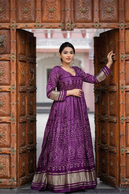 Gaji Silk With Bandhej Print Long Anarkali Gown Dresses
