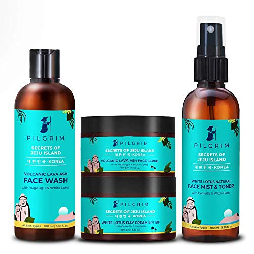 Pilgrim Face Care Set – Face Wash, Face Scrub, Tinted SPF 50 Day Cream, Face Mist & Toner – Skincare for Hydration & Radiance (100ml/100g)