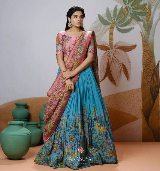 Soft Chinon Silk, Kalamkari Printed Work Lehenga Blouse With Dupatta