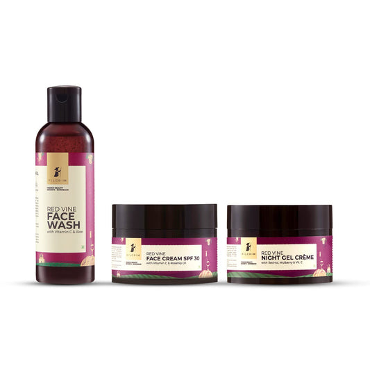 PILGRIM French Red Vine Face Wash 100ml, Face Cream SPF 30 50gm, & Night Gel Creme 50gm