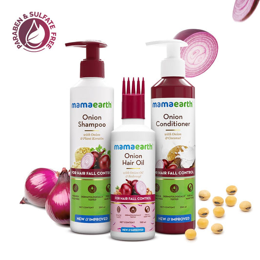 Mamaearth Anti Hair Fall Spa Range Hair Care Set: Onion Shampoo 250 ml + Onion Conditioner 250 ml + Onion Hair Oil 150 ml