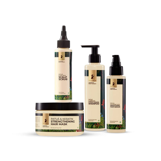 Pilgrim Amazonian Patuá Hair FREE JUTE BAG Shampoo (200 ml) + Patuá & AHA BHA Scalp Scrub (100 ml) + Patuá Hair Mask (200 gm) + Patuá Hair Serum (100 ml).
