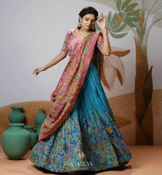 Soft Chinon Silk, Kalamkari Printed Work Lehenga Blouse With Dupatta