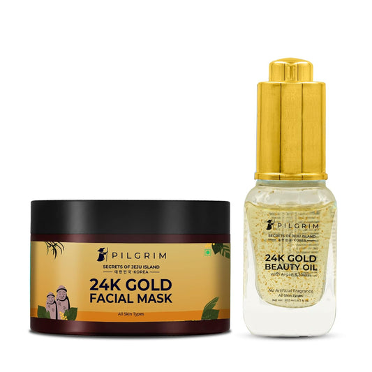 Pilgrim 24K Gold Facial Kit 24K Gold Face Mask Pack 50gm | 24K Gold Beauty Oil 20ml |