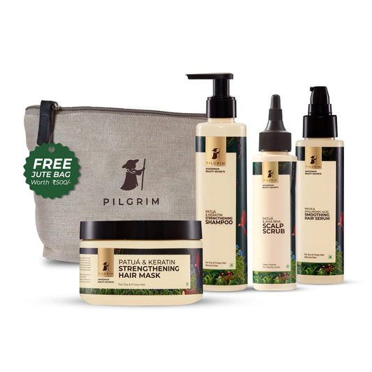 Pilgrim Amazonian Patuá Hair FREE JUTE BAG Shampoo (200 ml) + Patuá & AHA BHA Scalp Scrub (100 ml) + Patuá Hair Mask (200 gm) + Patuá Hair Serum (100 ml).