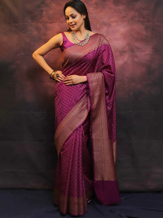Redviolet Banarasi Soft Silk Saree With Unstitched Blouse