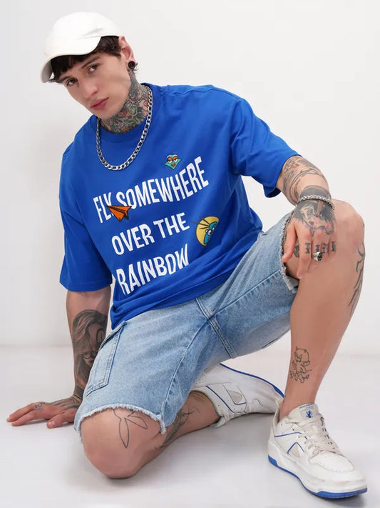 Men Blue Printed Round Neck Oversized Fit T-Shirt