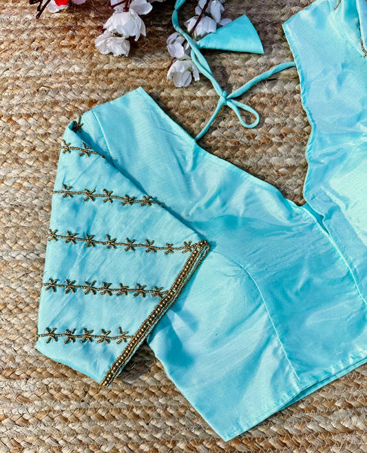 SkyBlue Silk Golden Handcrafted Work Blouse,Saree Blouse