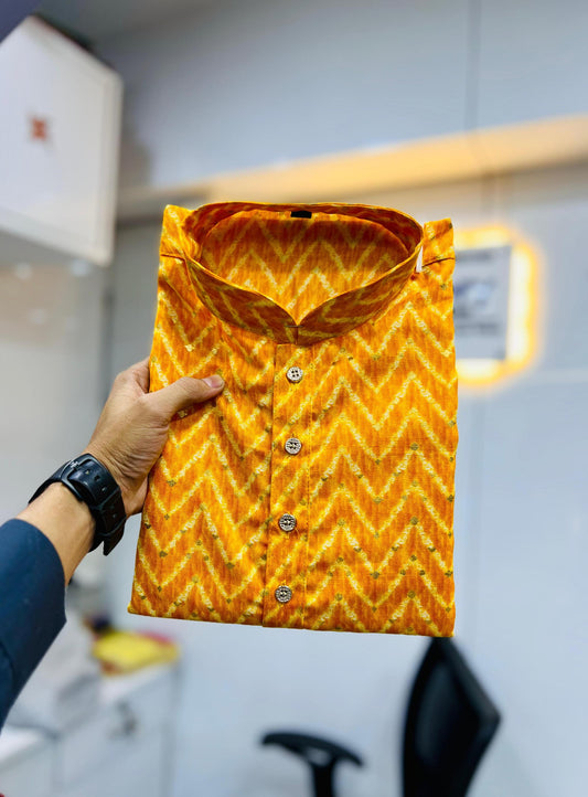 Men's Yellow Cotton With Heavy Foil Printed Kurta